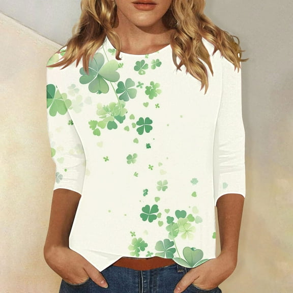 Cavosen Saint Patrick Day 3/4 Sleeve Tops for Women with Crew Neck Festival Shamrock Green Print Blouse Pullover Holiday Tops Irish Vacation Novelty Tees Dressy Tshirts L