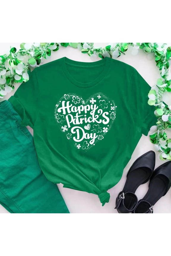 Saint Patrick Day Dressy Blouses for Women Short Sleeve Green Shamrock Happy Patrick's Day Letter Print T-Shirts Round Neck Festival Tops Holiday Shirts Summer Tees L