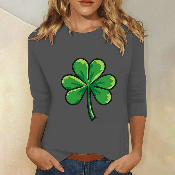 Cavosen Saint Patrick Day Ladies Tops and Blouses 3/4 Sleeve Dressy Holiday Shamrock Green Print Tops Pullover Round Neck Festival Tshirts Blessed Vacation Trendy Tees Casual Blouse L
