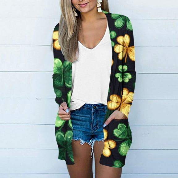 Cavosen Saint Patrick Day Long Sweater Cardigan Women Green with Pocket Duster Shamrock Print Holiday Open Front Cardigan Long Sleeve Lightweight Sweaters Beach Outwear S