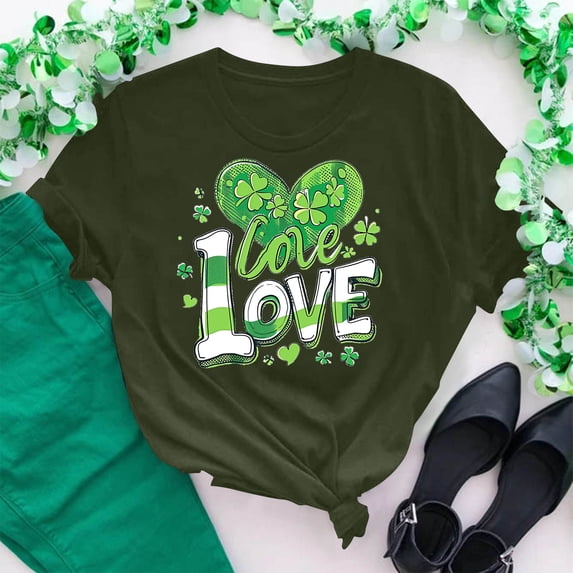 Cavosen Saint Patrick Day Shirts for Women Short Sleeve Casual Summer Green Shamrock Love Letter Heart Print T-Shirts Crewneck Festival Blouse Holiday Tops Loose Tees 2XL
