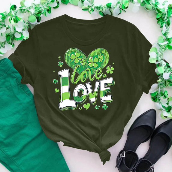 Cavosen Saint Patrick Day Short Sleeve Womens Tops Crew Neck Green Shamrock Love Letter Heart Print Shirts Irish Holiday T-Shirts Dressy Festival Blouse Casual Summer Tees M