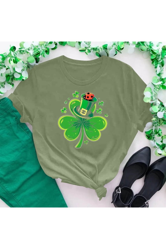 Saint Patrick Day Tops for Women Short Sleeve Green Shamrock Hats Print T-Shirts Crewneck Irish Holiday Shirts Trendy Dressy Festival Blouse Casual Summer Tees XL