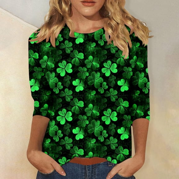 Cavosen Saint Patrick Day Womens 3/4 Sleeve Tops Casual Holiday Shamrock Green Print Shirts Pullover Crewneck Festival Tshirts Irish Vacation Trendy Tees Dressy Blouse XL