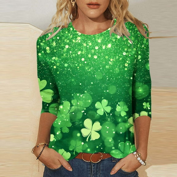 Cavosen Saint Patrick Day Womens 3/4 Sleeve Tops T Shirts Holiday Shamrock Green Print Shirts Pullover Round Neck Festival Tees Irish Vacation Trendy Blouse Loose Tshirts L