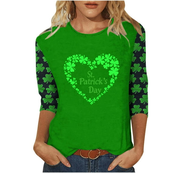 Cavosen Saint Patrick Day Womens Blouses 3/4 Sleeve Green Shamrock Heart Print Irish Tops Round Neck Holiday Pullover T-Shirts Casual Festival Shirts Fashion Summer Tees M