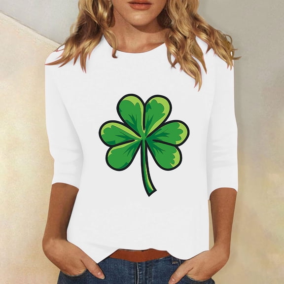 Cavosen Saint Patrick Day Womens Casual Tops 3/4 Sleeves Festival Shamrock Green Print Shirts Pullover Round Neck Holiday Tops Irish Vacation Fashion Tshirts Loose Blouse L