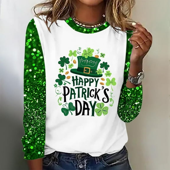 Cavosen Saint Patrick Day Womens Long Sleeve Tops Pullover Festival Letter Shamrock Green Print Blouse Crewneck Holiday Shirts Irish Vacation Fashion Tops Dressy Tshirts XL