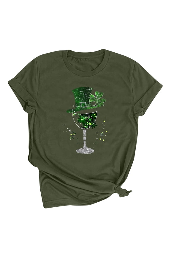 Saint Patrick Day Womens Shirts Short Sleeve Crew Neck Festival Shamrock Glass Green Print Tshirts Pullover Holiday Tops Blessed Vacation Novelty Tees Loose Blouse 3XL