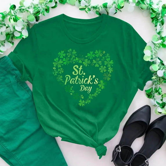 Cavosen Saint Patrick Day Womens Shirts Short Sleeve Crew Neck Green Shamrock Letter Print Tops Irish Festival T-Shirts Fashion Dressy Holiday Blouse Loose Summer Tees XL