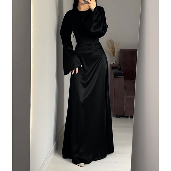 Cavosen Satin Dress for Women Wedding Guest Black Elegant Kimonos Long Sleeve Long Dress Round Neck Solid Floor Length Maxi Dress Flowy Bodycon Wrap Party Dress Evening Prom