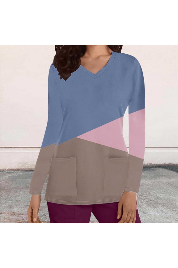 Scrub Shirts for Women Blue Long Sleeve V Neck Scrub Shirts Stretchy Soft Xmas Color Block Yoga Scrub Tops with Pocket Lightweight Nursing Uniform Underscrub Tee S