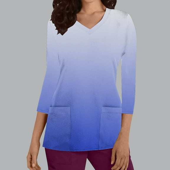 Cavosen Scrub Tops for Women 3/4 Sleeve Blue V Neck Scrub Shirts Stretchy Soft Xmas Gradient Wrap Scrub Tops with Pocket Lightweight Workwear Anti-Wrinkle Underscrub Tee Tunic S