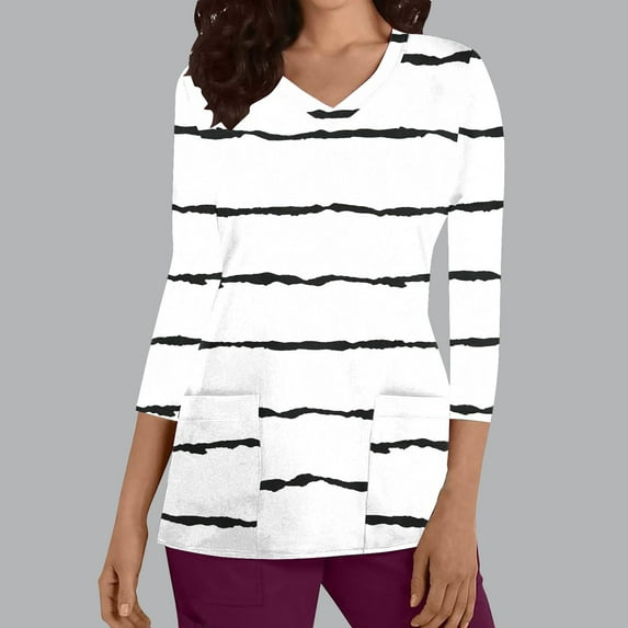 Cavosen Scrub Tops for Women 3/4 Sleeve White V Neck Scrub Shirts Stretchy Soft Xmas Striped Yoga Scrub Tops with Pocket Lightweight Workwear Wicking Underscrub Tee Tunic M