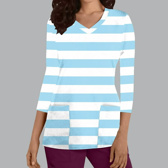 Cavosen Scrub Tops for Women Blue 3/4 Sleeve V Neck Underscrub Stretchy Soft Xmas Striped Wrap Scrub Tops with Pocket Lightweight Nursing Uniform Scrub Shirts Tee Tunic L
