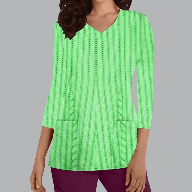Cavosen Scrub Tops for Women Green Plus Size 3/4 Sleeve V Neck Underscrub Stretchy Soft Xmas Striped Yoga Scrub Shirts with Pocket Lightweight Workwear Scrub Tops Tee 3XL