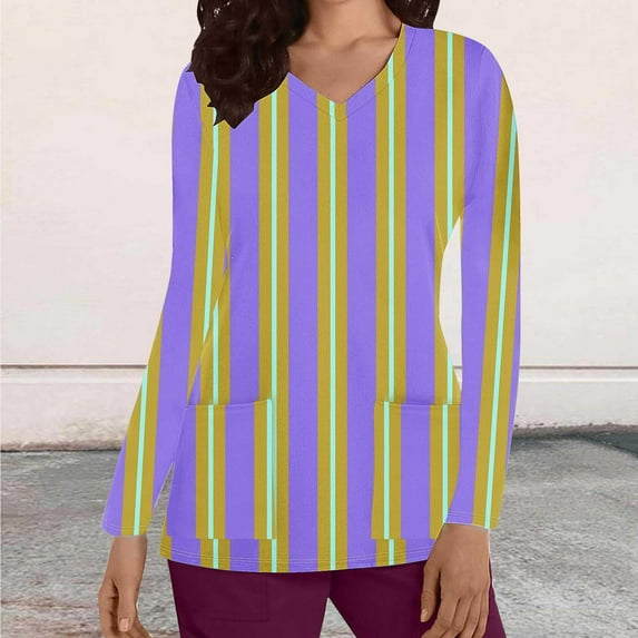 Cavosen Scrub Tops for Women Long Sleeve Purple V Neck Scrub Shirts Stretchy Soft Xmas Striped Wrap Underscrub with Pocket Lightweight Workwear Wicking Scrub Tops Tee Tunic L