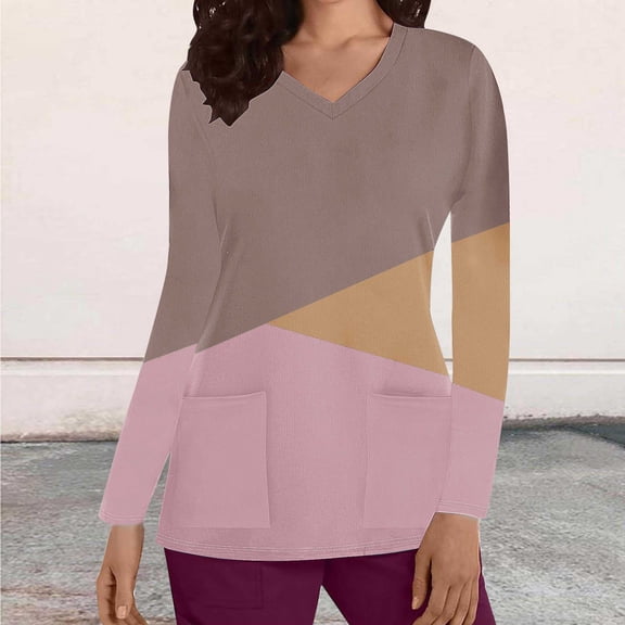 Cavosen Scrub Undershirts Long Sleeve Women Brown V Neck Underscrub Stretchy Soft Xmas Color Block Workout Scrub Shirts with Pocket Breathable Workwear Scrub Tops Tee 2XL