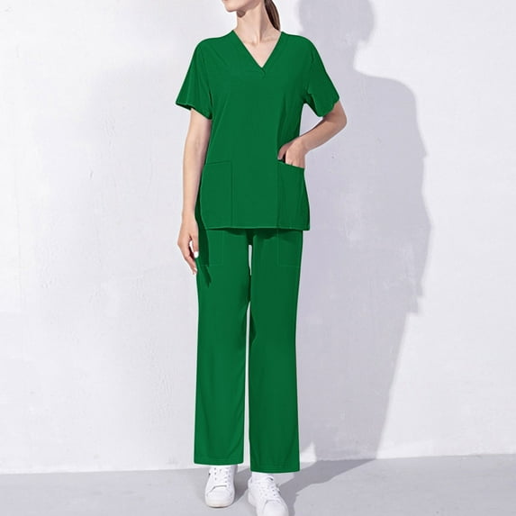 Cavosen Scrubs Sets for Women 2 Piece Green with Pocket Stretch Soft Workwear Short Sleeve V-Neck Long Pants Nurse Uniform Solid Yoga Loungewear Comfortable Athletic Nursing Suit M