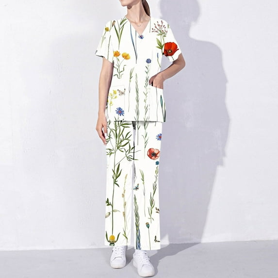 Cavosen Scrubs for Women 2 Piece Scrub Sets with Pocket Stretch Soft Workwear Short Sleeve V-Neck Long Pants Nurse Uniform Floral Print Yoga Loungewear Comfortable Athletic M