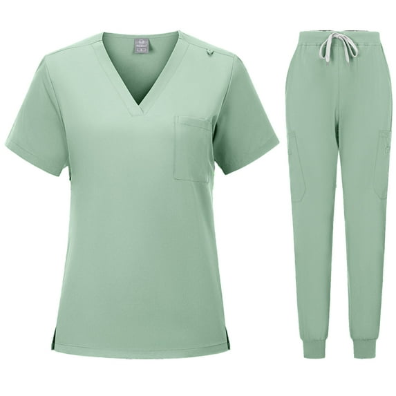 Cavosen Scrubs for Women Set Jogger Pants Green 2 Piece Outfit with Pocket Stretch Workwear Short Sleeve V-Neck Long Pants Nurse Uniform Solid Drawstring Loungewear Breathable M