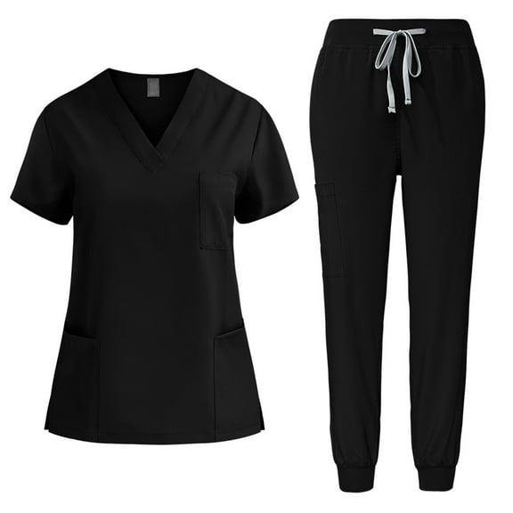 Cavosen Scrubs for Women Sets Jogger Style Black 2 Piece Outfit with Pocket Stretch Workwear Short Sleeve V-Neck Long Pants Nurse Uniform Solid Drawstring Loungewear Breathable M