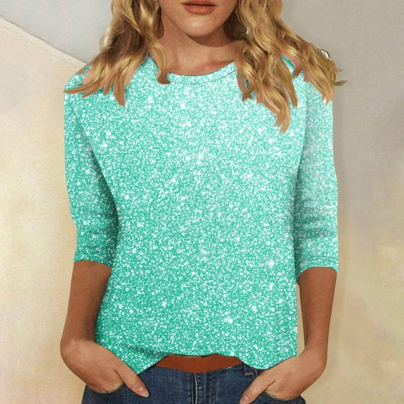 Cavosen Shirts for Women 3/4 Length Sleeves Glitter Sparkly Print Pullover Tops Blouse Crewneck Shiny Shirts Solid Color Party Tshirts Trendy Casual Dressy Elegant Evening Tees 2XL