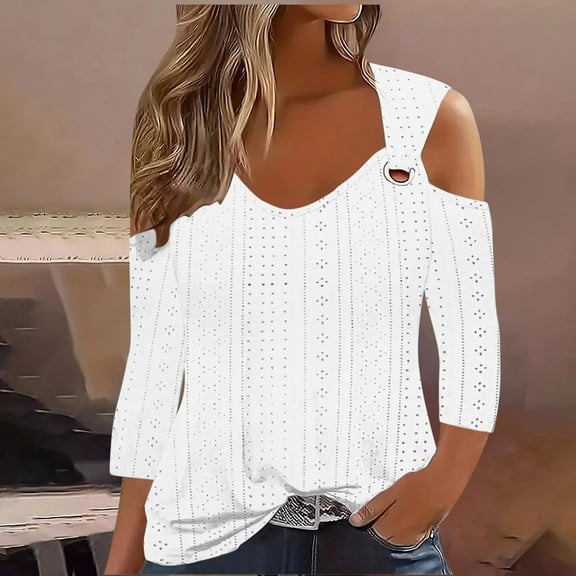 Cavosen Shirts for Women 3/4 Sleeve Cold Shoulder Pullover Shirts V-Neck Casual Plain Blouse Dressy Flowy Loose Fit Tees Eyelet Ring Tops Novelty Lightweight Fall White L