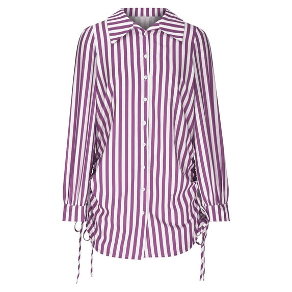 Cavosen Shirts for Women Long Sleeve Button up Shirts Lapel Neck Collared Striped Blouse Dressy Flowy Loose Fit Tees Office Business Work Suit Boyfriend Drawstring Tops Purple S