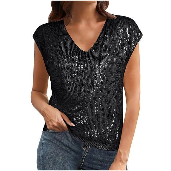Cavosen Shirts for Women Short Sleeve Dressy Sequin Glitter Sparkly Print Pullover Tops Blouse Deep V Neck Shiny Shirts Flowy Tunic Solid Color Party Tees Novelty T-Shirts Black S