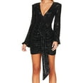 Cavosen Short Dresses for Women V Neck Black Sequin Elegant Long Sleeve