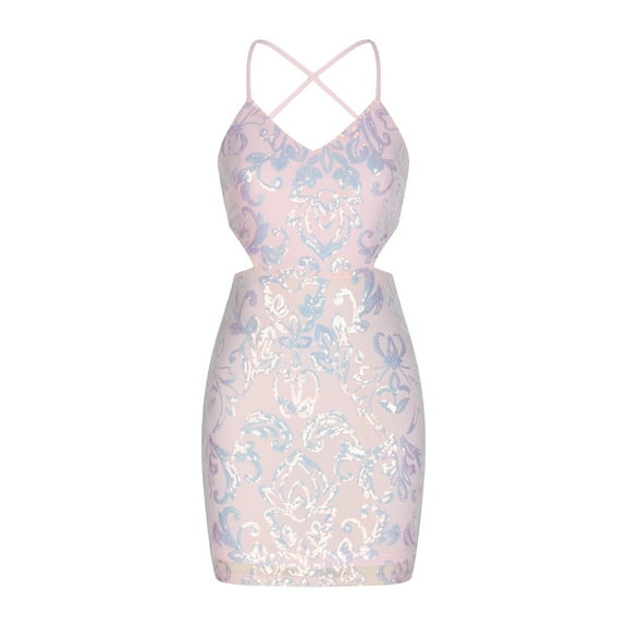 Cavosen Short Dresses for Women V Neck Pink Sequin Elegant Spaghetti Strap Sleeveless Party Dress Glitter Sparkly Mini Dress Bodycon Wrap Wedding Guest Dress Evening Prom