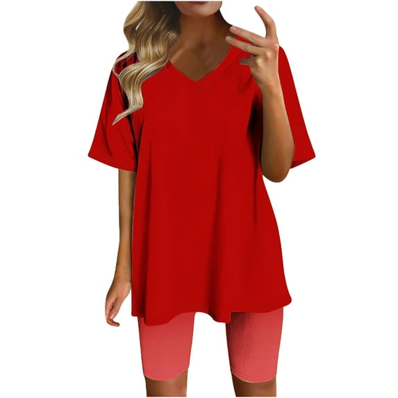 Cavosen Short Sets Women 2 Piece Outfits Vacation Summer Short Sleeve V Neck Pullover Tops with Legging Solid Biker Beach Outfit Loose Stylish Seamless Going out Resortwear Red M