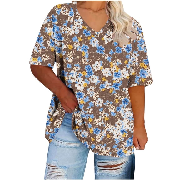 Cavosen Short Sleeve Shirts for Women Summer Oversized Dressy Tops Pullover Tunic V Neck Casual Loose T Shirts Floral Print Fashion Blouse Resort Going out Tees Brown 3XL