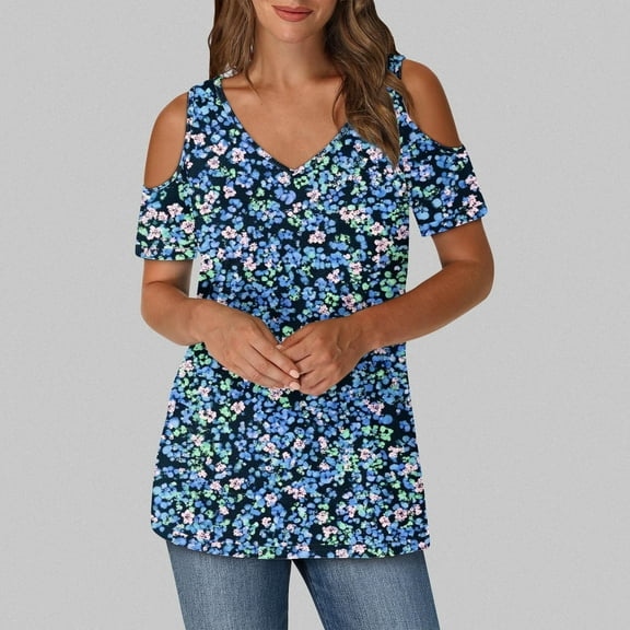 Cavosen Short Sleeve Shirts for Women Summer Off Shoulder Sleeve Dressy T Shirts Pullover Tunic V Neck Casual Loose Tees Floral Graphic Print Fashion Blouse Workout Tops Blue S