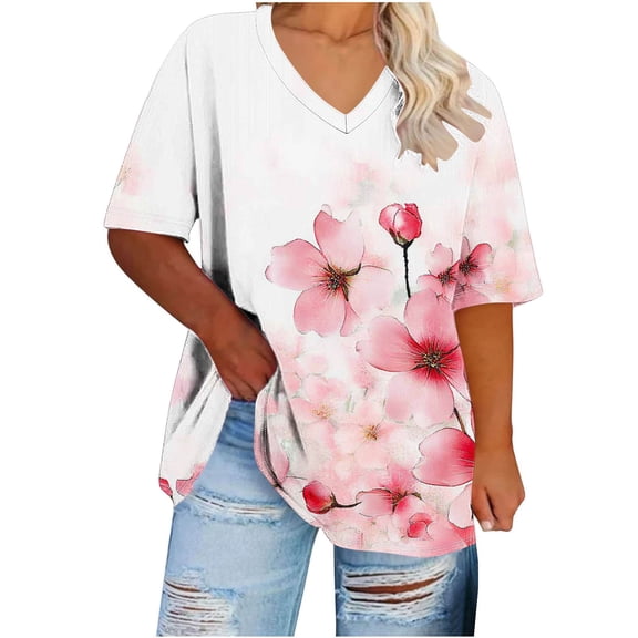 Cavosen Short Sleeve Tops for Women Casual Summer Oversized Dressy Shirts Pullover Tunic V Neck Loose T Shirts Floral Print Fashion Blouse Resort Comfy Workout Tees Pink 4XL