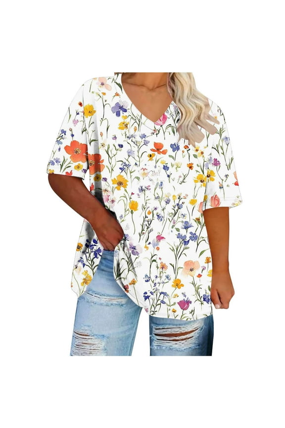 Short Sleeve Tops for Women Casual Summer Oversized Dressy Tees Pullover Tunic V Neck Loose Blouse Floral Print Trendy Shirts Resort Comfy Vacation T Shirts White 3XL