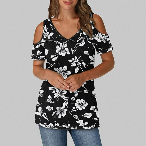Cavosen Short Sleeve Tops for Women Summer Off Shoulder Sleeve Dressy Blouse Tunic V Neck Casual Loose Tees Floral Graphic Print Fashion Shirts Vacation T Shirts Black 2XL