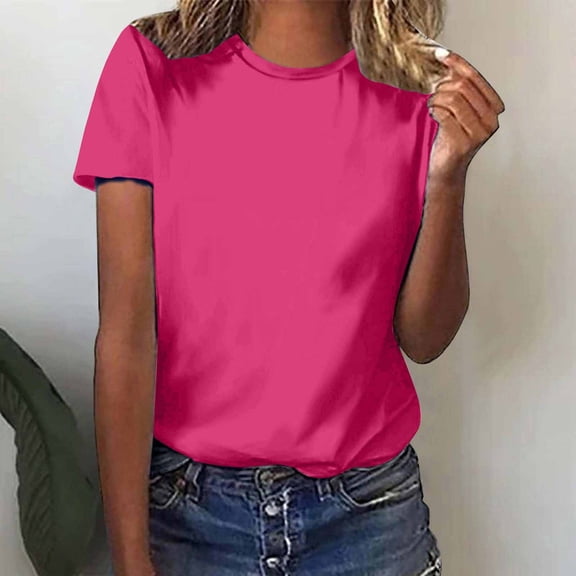 Cavosen Short Sleeve Womens Tops Summer Scoop Neck T Shirt Pullover Tops Solid Color Breathable Shirts Funny Soft Blouses Stylish Casual Tees Going Out Vacation Clothes Pink L