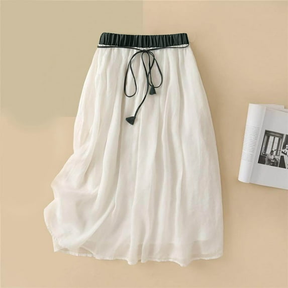 Cavosen Skirts for Women Midi Length Cotton Linen Embroidery Elastic Waist Solid Color A-Line Skirts Casual Skirts Elegant Lightweight Flowy Fashion Calf Length Skirts Drawstring