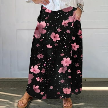Cavosen Skirts for Women Midi Length Elastic Waist Floral Print Casual Skirts Elegant Lightweight Flowy Fashion Calf Length Skirts with Pocket Work Loose Fall Winter Clothes
