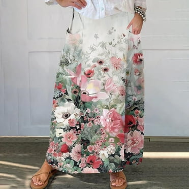 Cavosen Skirts for Women Midi Length Elastic Waist Floral Print Casual Skirts Elegant Lightweight Flowy Stylish Calf Length Skirts with Pocket Work Loose Fall Winter Clothes