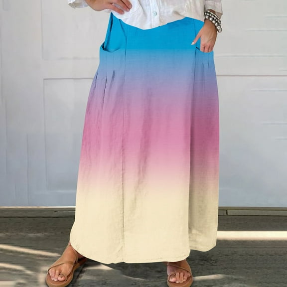 Cavosen Skirts for Women Midi Length Elastic Waist Gradient Casual Skirts Elegant Lightweight Flowy Trendy Calf Length Skirts with Pocket Work Loose Fall Winter Clothes Pink