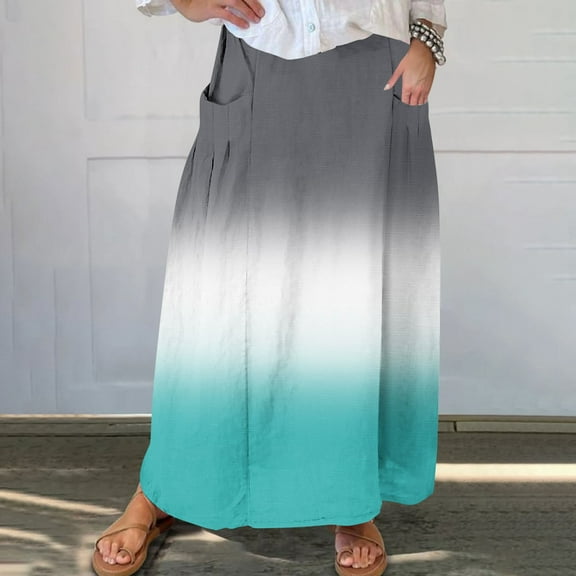 Cavosen Skirts for Women Midi Length Elastic Waist Gradient Print Casual Skirts Elegant Lightweight Flowy Trendy Calf Length Skirts with Pocket Work Loose Fall Winter Clothes Green