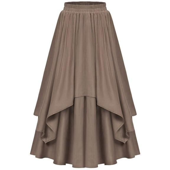 Cavosen Skirts for Women Midi Length Elastic Waist Solid Color Court Skirts Casual Skirts Ruffle Lightweight Retro Vintage Flowy Stylish Calf Length Skirts Fall Winter Clothes Brown