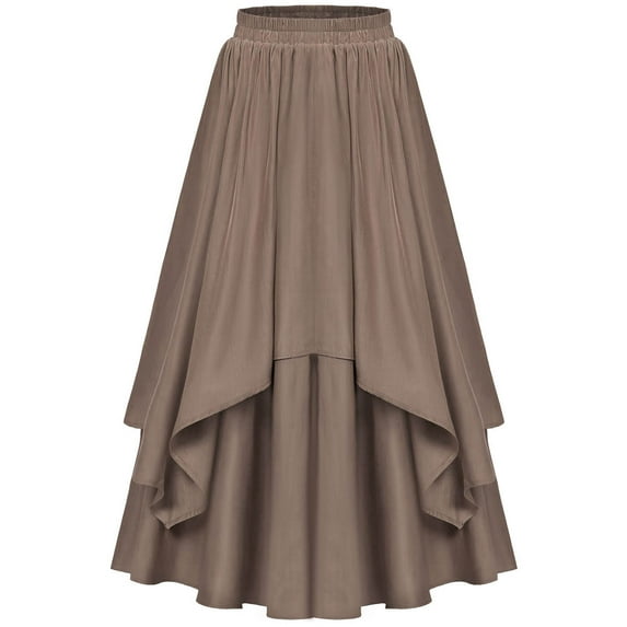 Cavosen Skirts for Women Midi Length Elastic Waist Solid Color Court Skirts Casual Skirts Ruffle Lightweight Retro Vintage Flowy Stylish Calf Length Skirts Fall Winter Clothes Brown