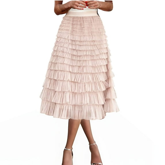 Cavosen Skirts for Women Midi Length Mesh Tulle Elastic Waist Plain Cake Skirts Casual Skirts Elegant Lightweight Flowy Stylish Calf Length Skirts Work Fall Winter Clothes Pink