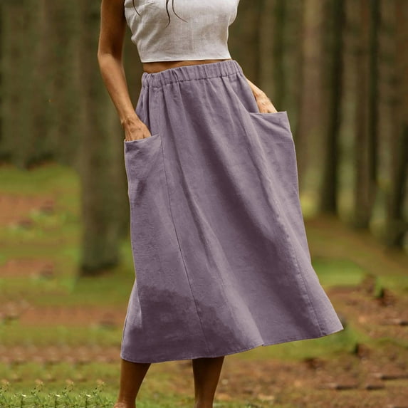 Cavosen Skirts for Women Trendy Cotton Linen Elastic Waist Solid Color Midi Skirts Elegant Lightweight Flowy Trendy Calf Length Skirts Work Comfort Fall Winter Clothes Purple