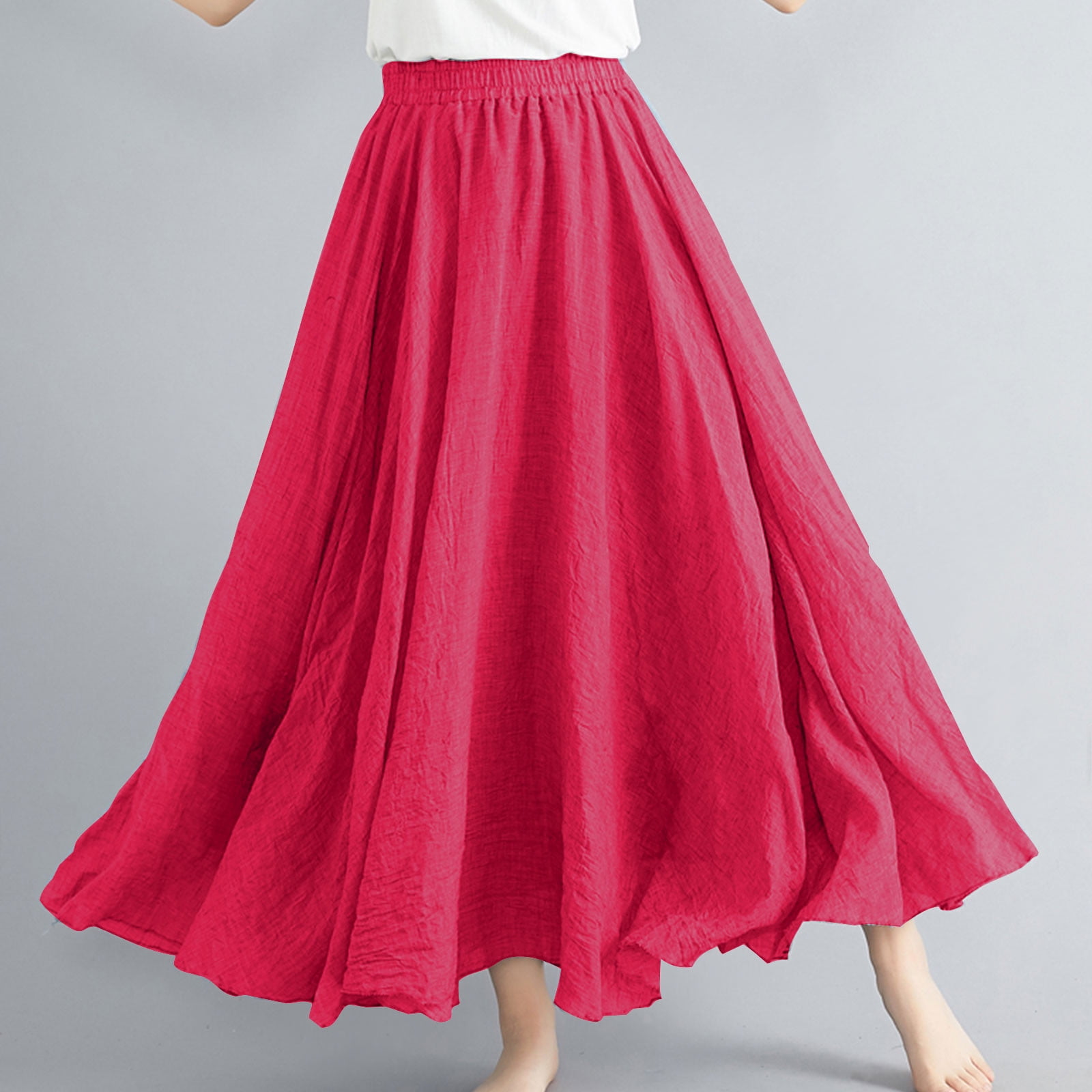 Cavosen Skirts for Women Trendy Summer Long Maxi Ankle Length Skirts Linen Pleated Pencil Skirts Elastic Waist Plain Summer Skirts Oversized Dress Athletic Beachwear Resortwear Red