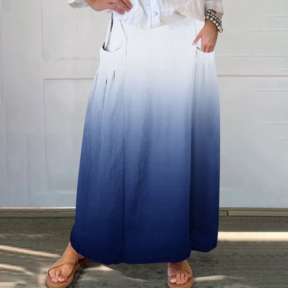 Cavosen Skirts for Women Y2k Elastic Waist Gradient Midi Skirts Elegant Lightweight Flowy Fashion Dressy Calf Length Skirts with Pocket Work Loose Fall Winter Clothes Blue